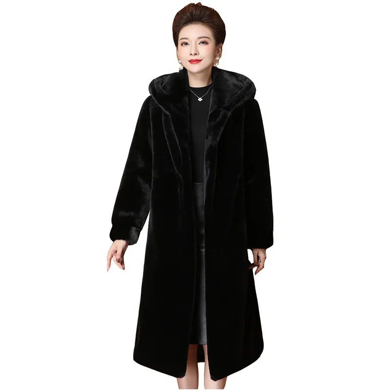 

Winter Mink Coat Women's Whole Mink Imported Mink Hair Sable Pike Jacket Chic Hooded Medium Length Size 5XL Velvet Fur Overcoat