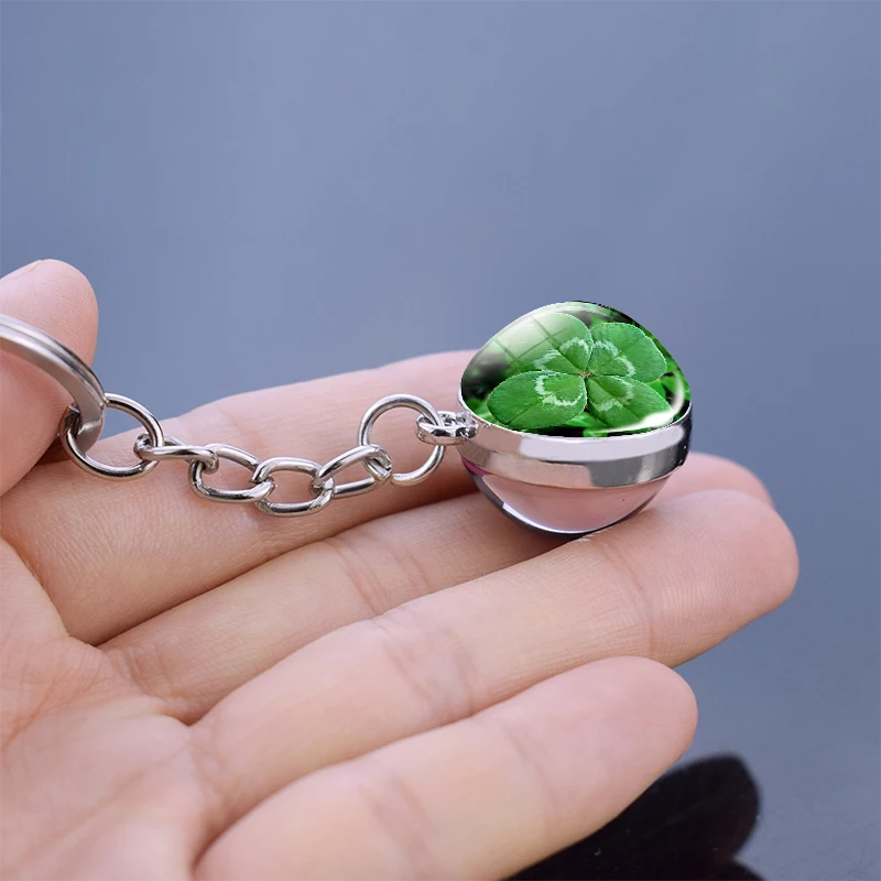 Four Leaf Clover Ireland Green Lucky Keychain St Patricks Day Gift Irish Jewelry Cuckooflower Glass Ball Key Rings Pendant Gift