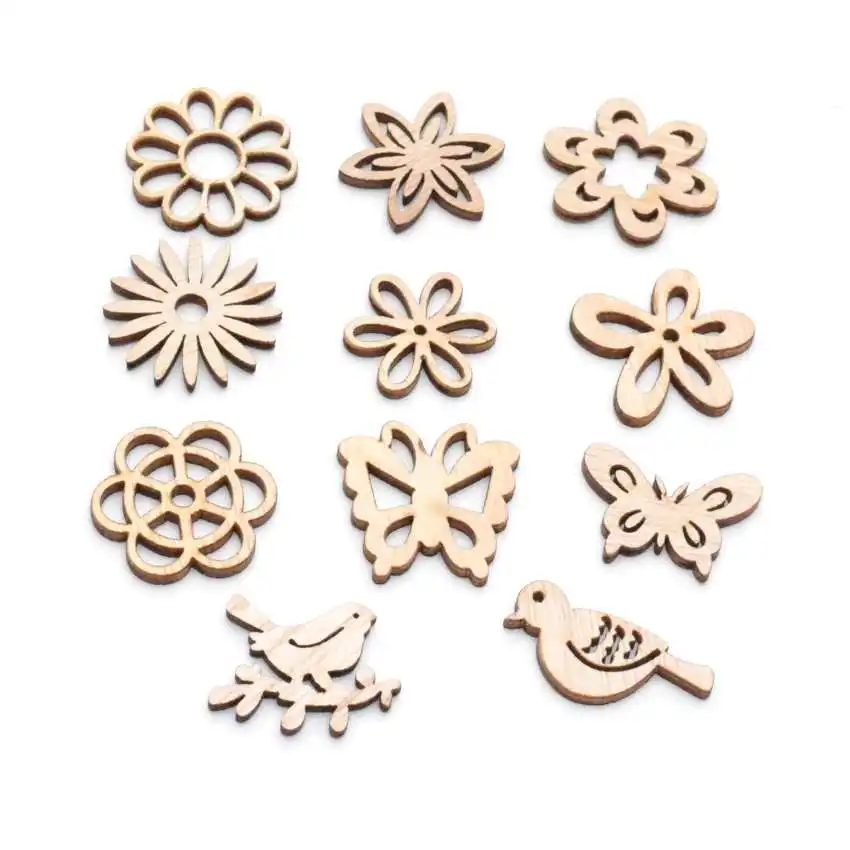 Best Quality 25Pcs Flatback Wood Craft Decoration Promotions Scrapbooking Embellishments Mixed Flower Styles Pendants 23-25mm