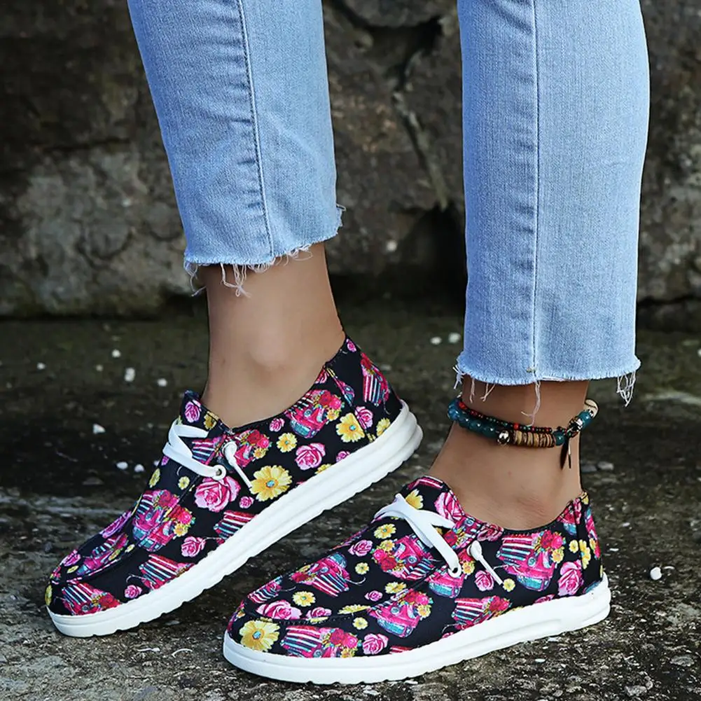 Women Floral Flat Boat Shoes Front Lace-up Decoration Casual Canvas Shoes Lady Outdoor Walking Running Soft Bottom Loafers