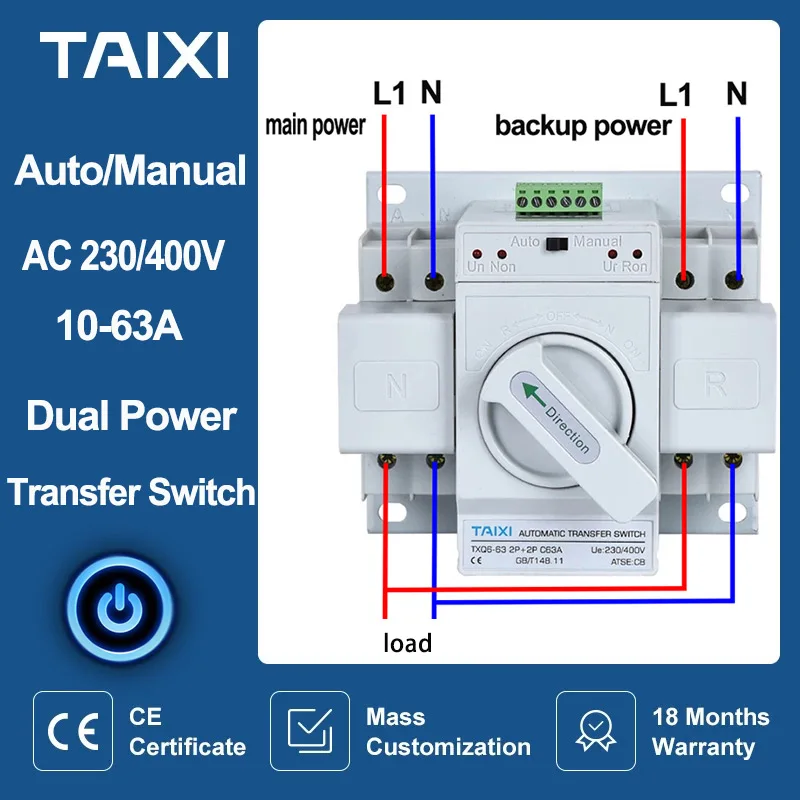 ATS Dual Power Automatic Transfer Switch MCB 2P 4P Auto/Manual Switching of Circuit Breakers MCB 63A 32A