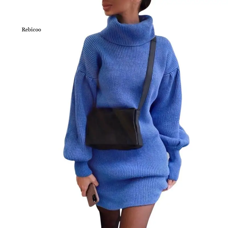 

Women Sweater Dress Warm Turtleneck Vintage Lantern Sleeve Knitted Sweater Mini Dress Ladies Autumn Casual Loose Short Dresses