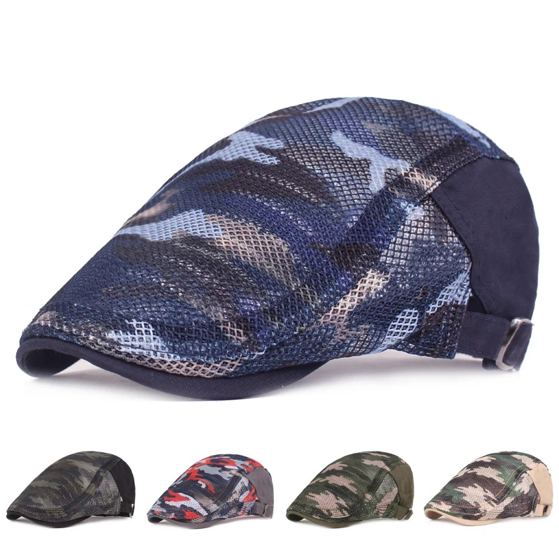 Men Women Camouflage Duckbill Beret Cap Hollow Breathable Mesh Gatsby Cap Adjustable Cabbie Newsboy Driving Hunting Flat Hat