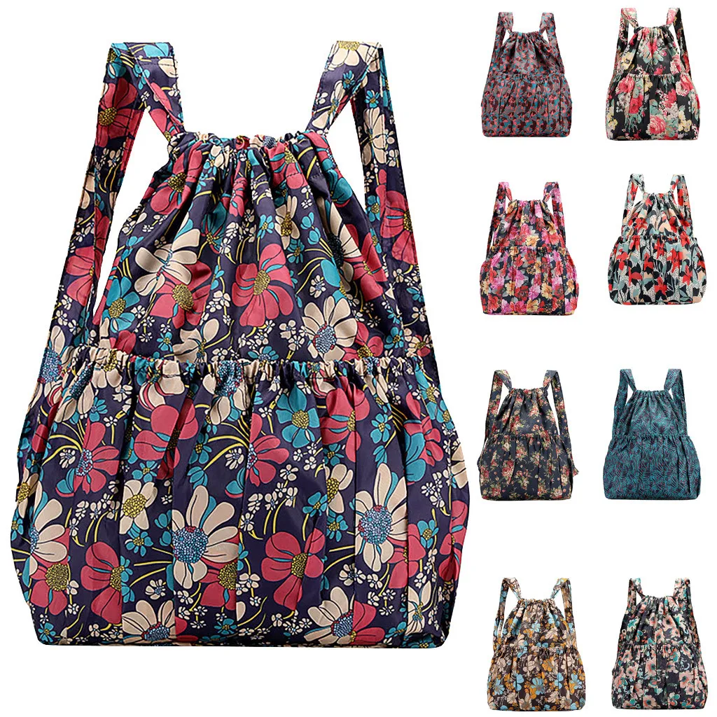 Mochilas femininas com cordão de grande capacidade, mochila de nylon impermeável, bolsas de ombro, estilo étnico, leve, na moda