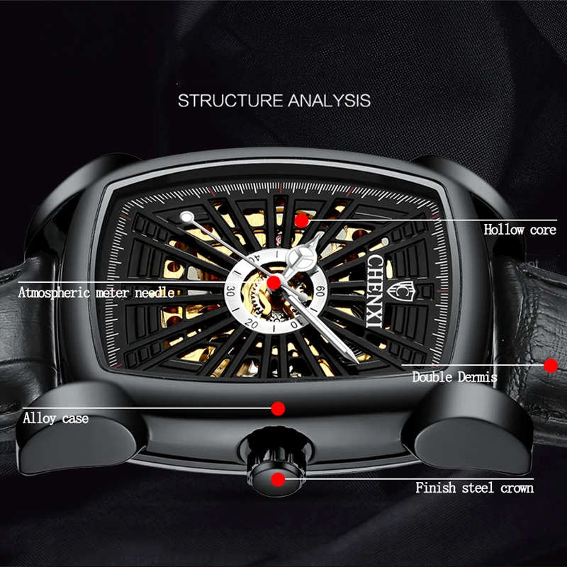 Chenxi 최고 브랜드 비즈니스 남성 시계 광장 다이얼 자동 발광 시계 가죽 중공 새겨진 디자인 망 손목 시계 Relogio
