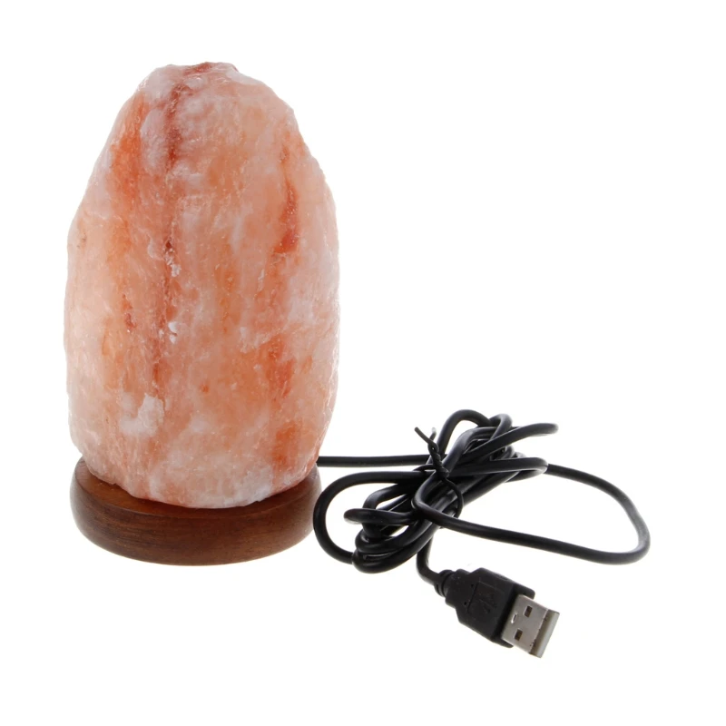 USB Salt Lamp Natural Hand Carved Wooden Base Crystal Rock Colors Changing Night Light