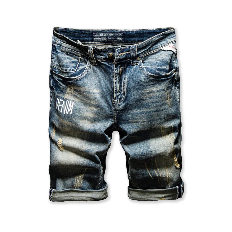 Classic Retro Distressed Men\'s Letter Printed Jeans Shorts Knee Length Straight Slim Frayed Trend Punk Male Denim Shorts