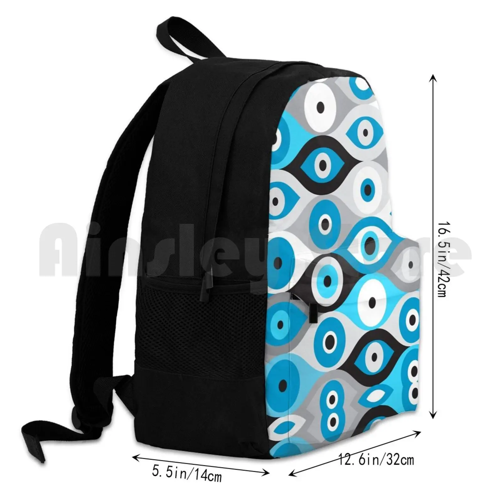 Grieks boze oogpatroon Blues en grays Outdoor wandelrugzak Waterdicht Kamperen Reizen Grieks Mati Mati Mataki Matiasma Grieks