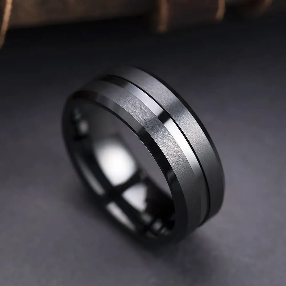 2023 Trendy Men\'s 8mm Black Titanium Wedding Band Rings Double Black Groove Beveled Edge Stainless Steel Engagement Ring For Men