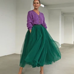 2022 Spring Autumn Skirts Vintage Tulle Skirt Women Elastic High Waist Mesh Skirt Long Pleated Tutu Skirt Female Custom Color