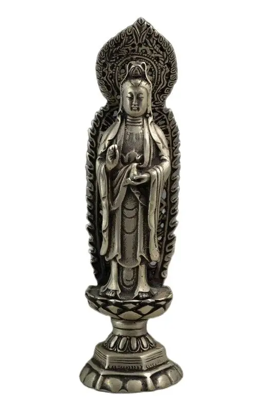 Handwork Miao Silver Carving Vivid Kwan-Yin Stand Lotus Noble Auspicious buddha Statue decoration metal handicraft