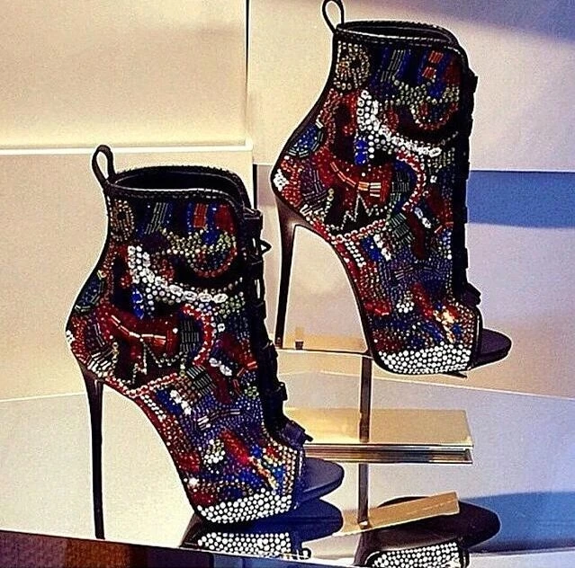 Designer Women Multi-Color Crystal Ankle Boots Open Toe Lace-Up Exquisite Colorized Rhinestone Booties Thin High Heels