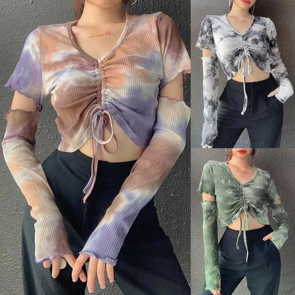 2020 Fashion crop top women Summer Tank Top Tie Dye Front Drawstring Slim Blouse Separate Sleeve Crop Top Ladies Blouse