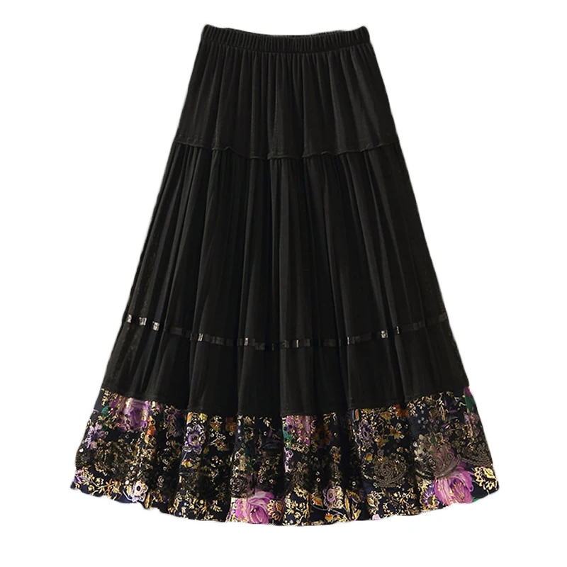 2023 Summer Skirts Women\'s Clothing Loose Print Skirt Middle-aged Elderly Skirts Vintage Elastic Waist Pleated Skirts 121a