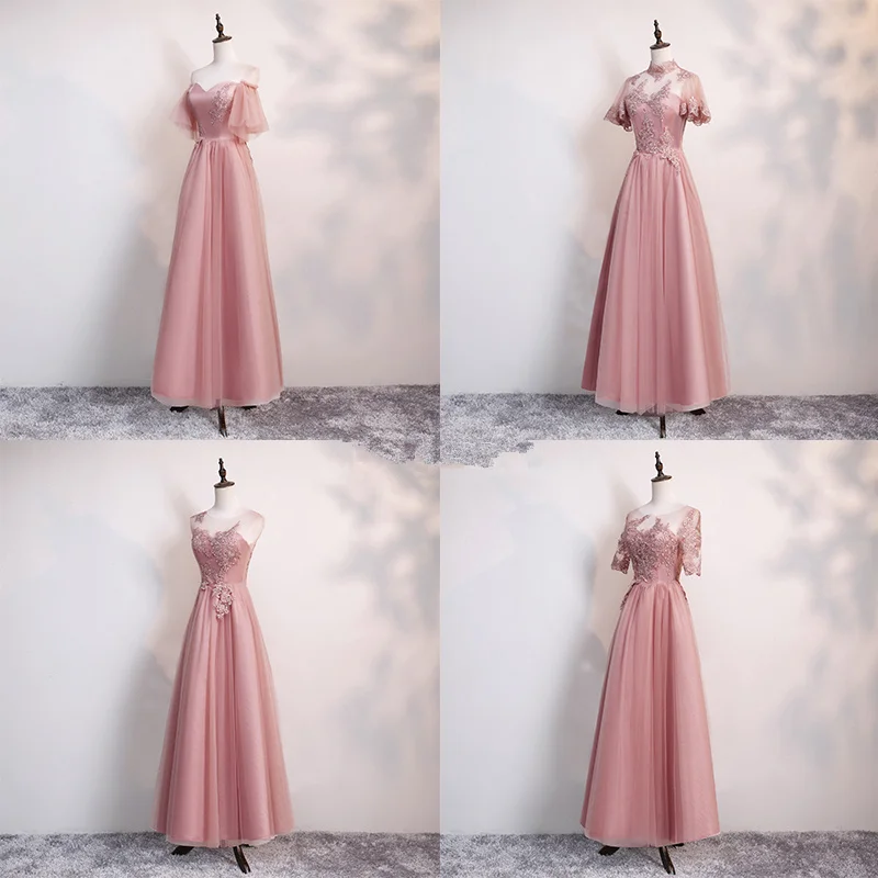 

Beauty Emily O Neck Lace Appliques Bridesmaid Dresses Short Sleeve Pink Long Dress For Wedding Party Beads Lace Up Back Vestido