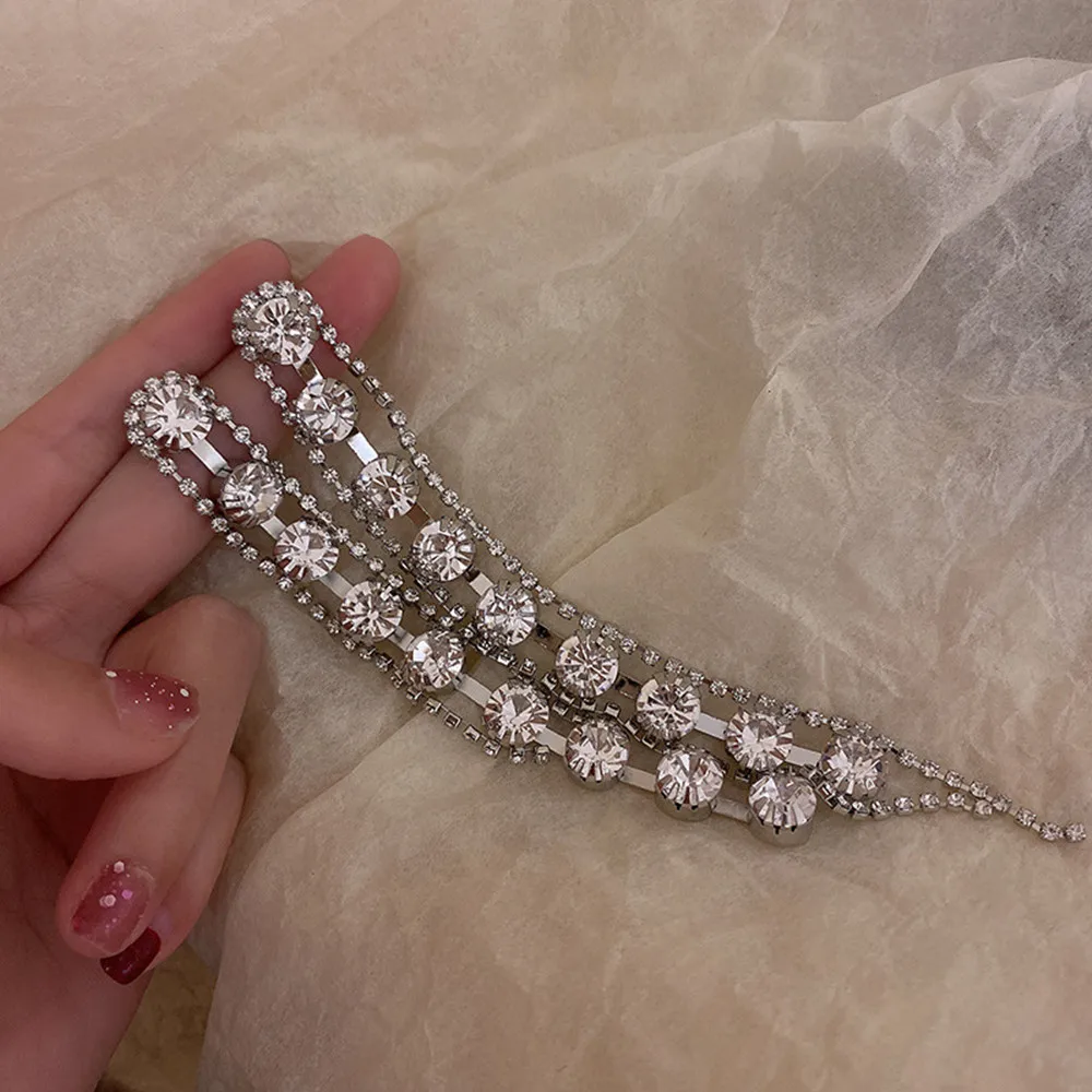 Luxury Full Rhinestone Long Chain Tassel Drop Earrings for Women Statement Shiny Big Crystal Dangle Earrings Tassel Ear Jewelry