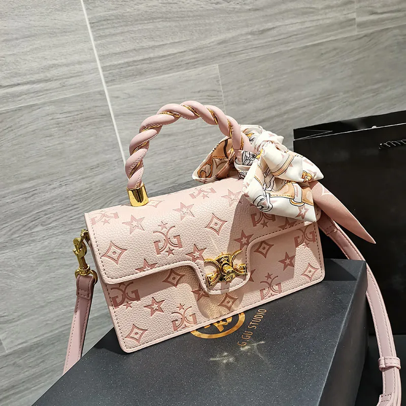 Embossed Sweet Small Square Bag With Silk Scarf Hard Handheld Soft Hand Feeling Handbag First-Hand Source Of Own Trademark Brand