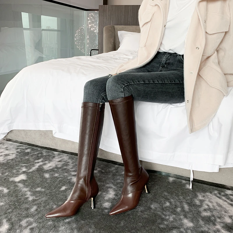

Plus size 33-43 women's genuine leather high heel knee high boots elegant ladies autumn long boots high quality dress shoes sale