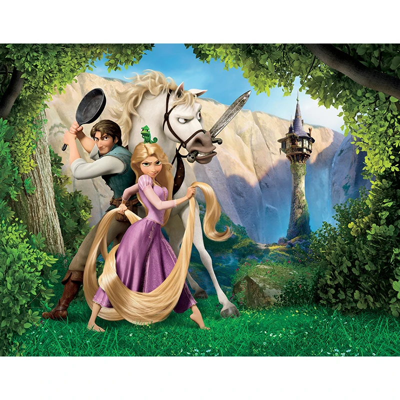 Cartone animato dorato Rapunzel cavallo bianco sfondo ragazza festa di compleanno decorazione Studio fotografico foto sfondo camera dei bambini