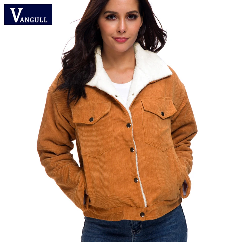 Vangull Winter New Women Corduroy Jackets Single Breasted Thicken Coat Female Casual Solid Long Sleeve Velvet Lamb Outerwear