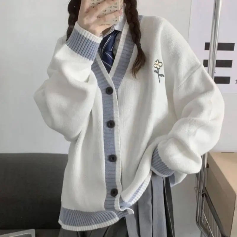 Japanese School Basic Sweaters Women Autumn Kawaii embroidery V-neck Loose Knitted Cardigan Preppy Style JK Uniform Cosplay