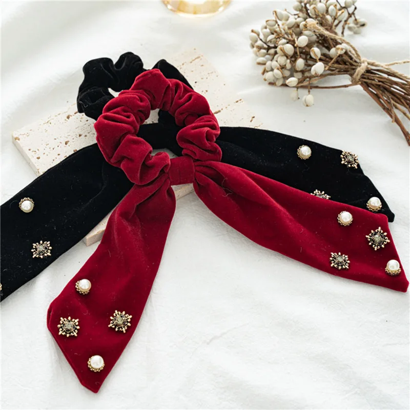 

Elastic Hair Bands Long Streamers Female Hair Accessories Vintage Trendy Red Black Bow Hair Rope Velvet Ribbon Scrunchies