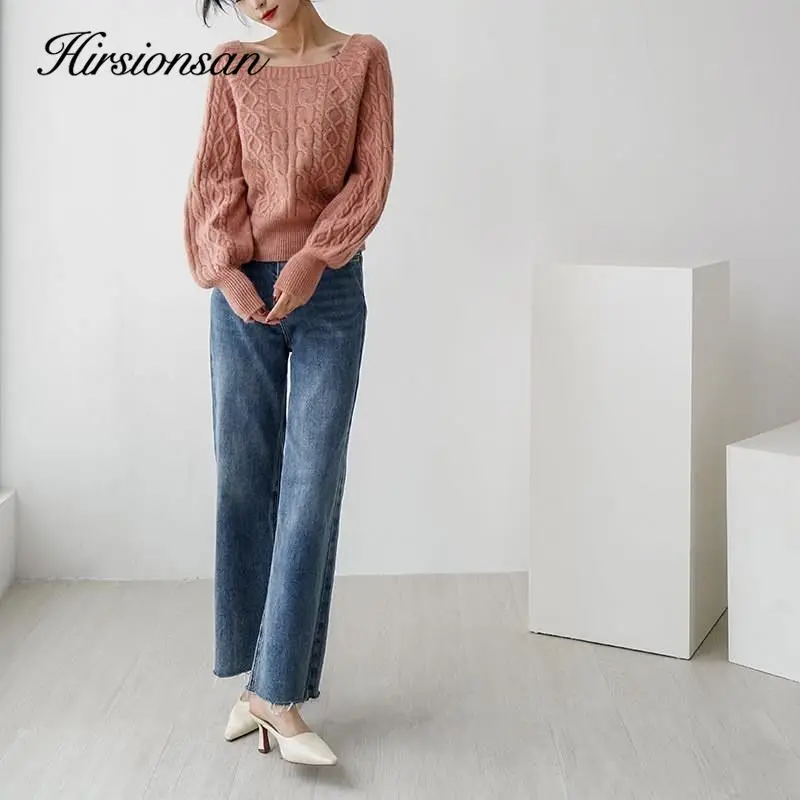 Hirsionsan Square Neck Short Sweater Women Elegant Chic Casual Knitted Pullovers Autumn Korean Soft Sexy Knitwear Female Jumper