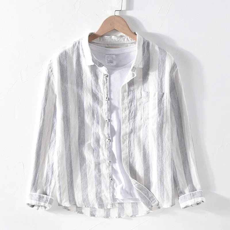 Casual Mens Tops Long Sleeve Linen Striped Shirt Loose Fit Turndown-Collar Pockets Button Up Leisure Shirts Fashion Men Clothes