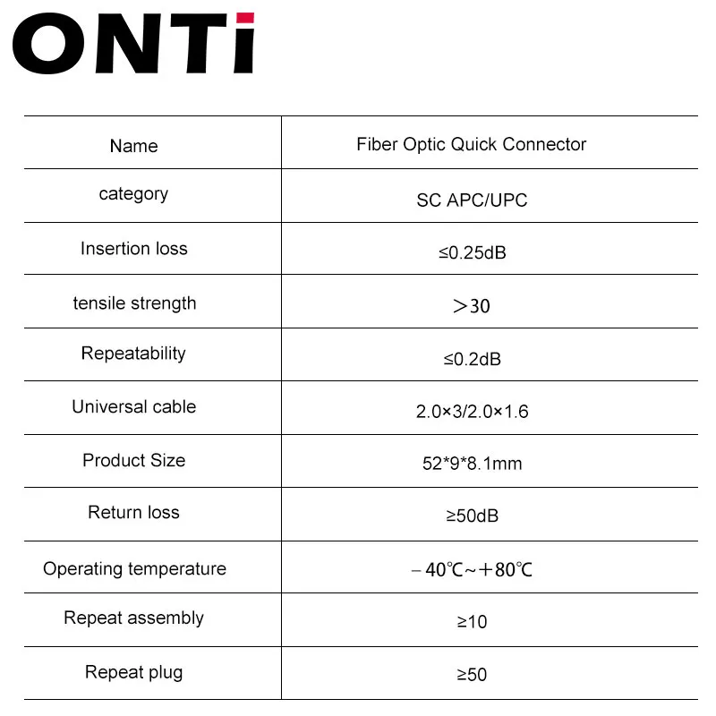 ONTi Fiber Optic Quick Connector High Quality SC UPC SC APC FTTH 50/100/150/200/300pc Single Mode