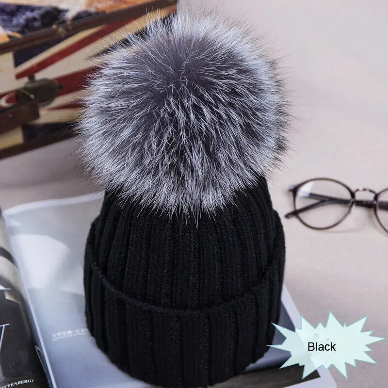 New Fashion Women Ladies Warm Winter Beanie Large Faux Fur Pom Pom Bobble Hat Knitted Ski Cap Black Blue White Pink