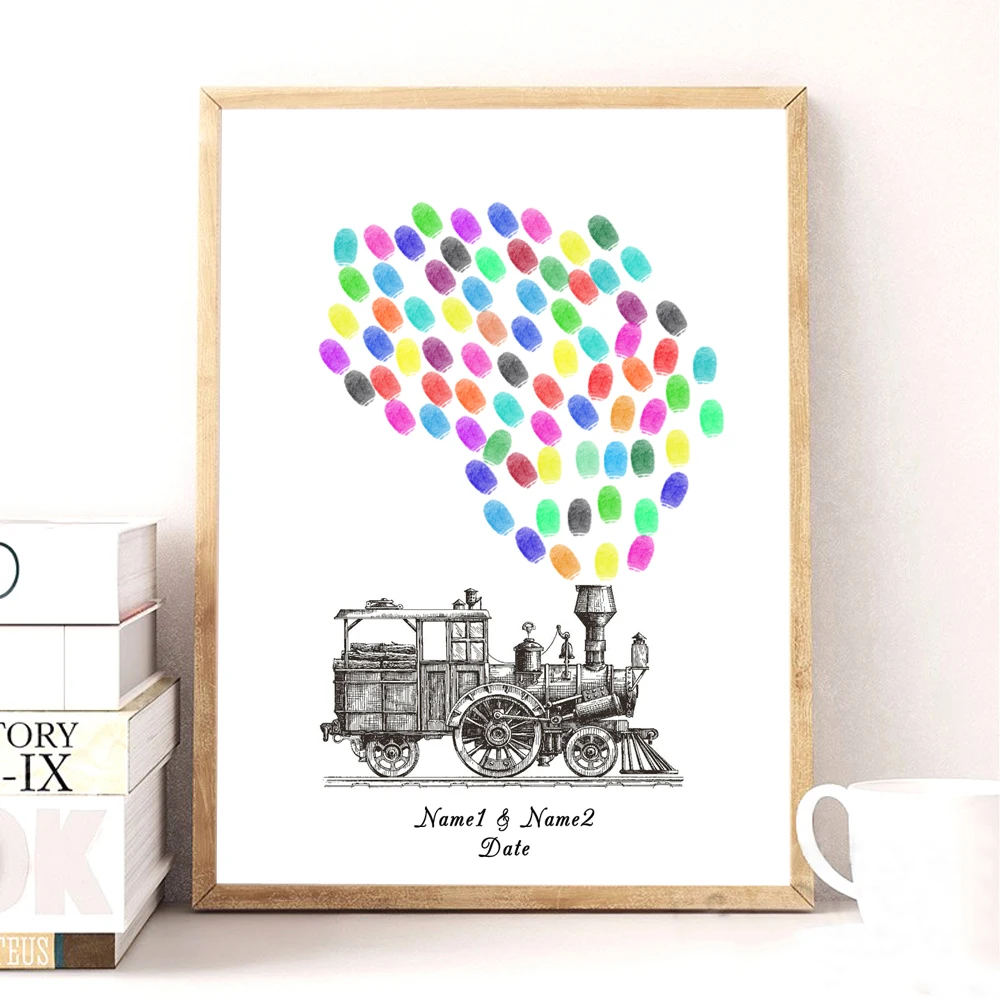 Custom Theme Name Date Steam Train Wedding Car Fingerprint DIY Guestbook Painting For Wedding & Wedding Anniversary Souvenir