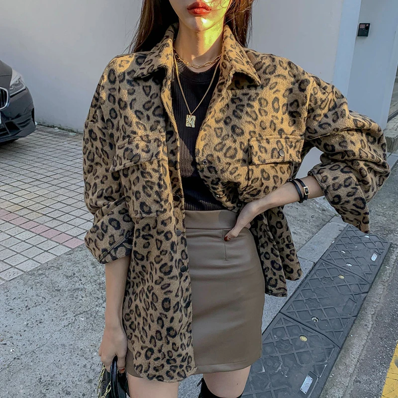 2022 Spring Vintage Leopard Jacket  Casual Leopard Female Coat Winter Tops For Woman Clothes Elegant Wool Outwear QT17