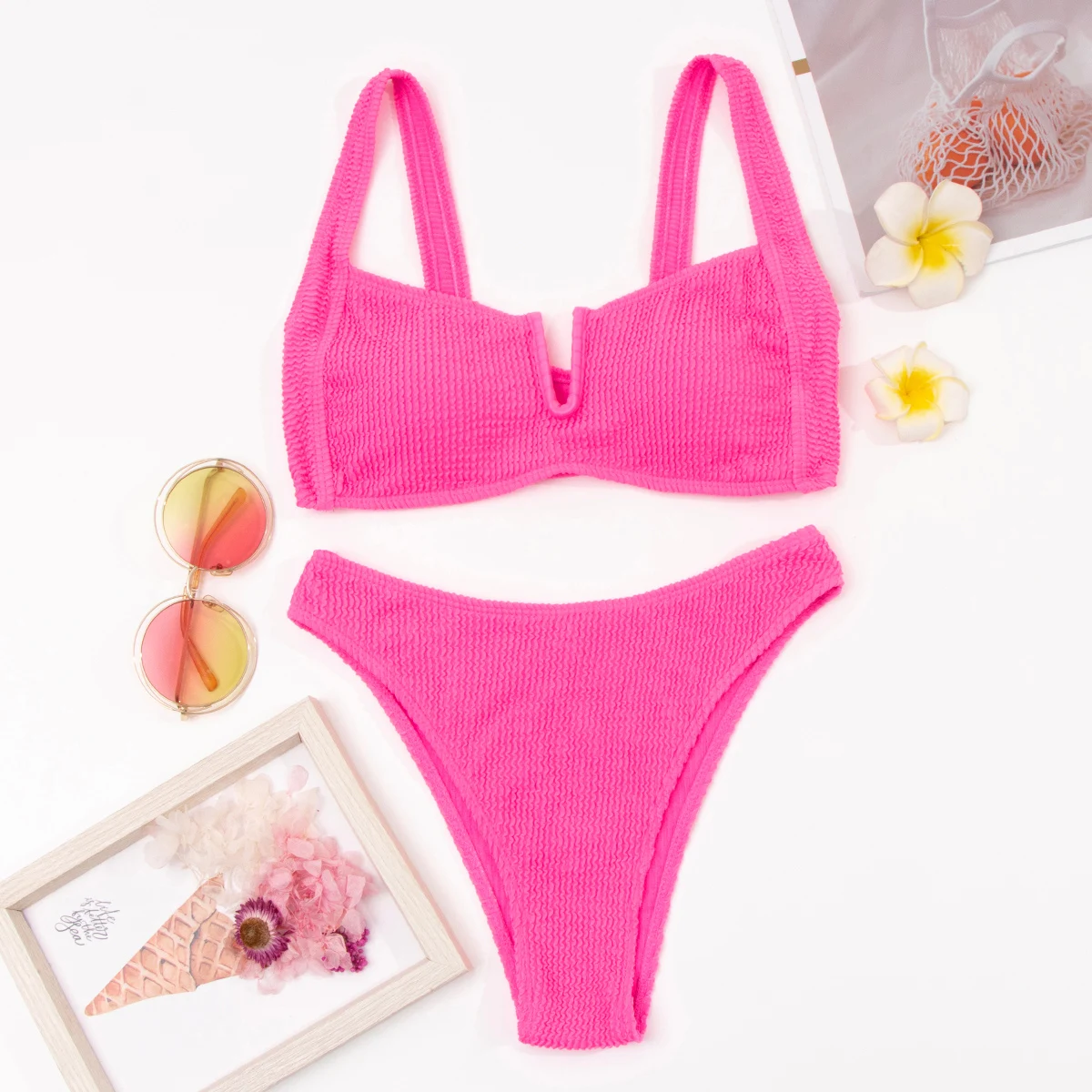 Bikini de realce para mujer, traje de baño liso de cintura alta, conjunto de Bikini brasileño con Tanga, 2024