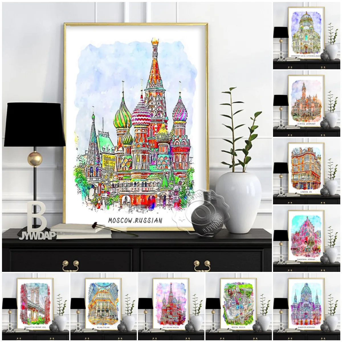 Постер для путешествий, художественный постер из Германии и России, винтажная печать акварелью, Декор стен Лондона, Москвы, Нью-Йорка, Декор для дома в виде города мира,