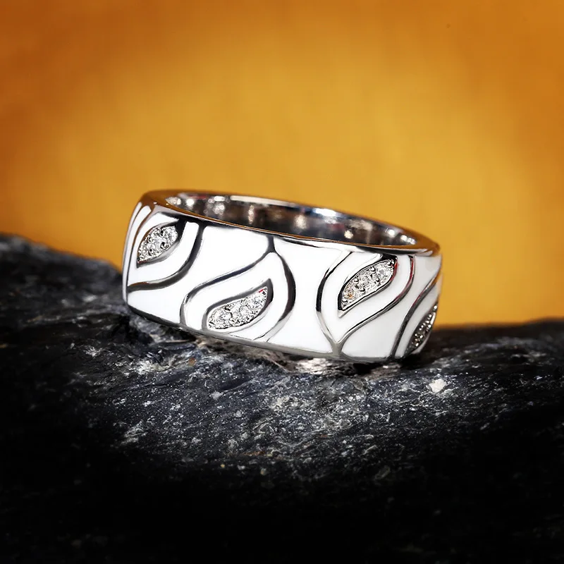 925 Silver White Leaves Sparkling CZ Jewelry Ring Set Fine Jewelry Handmade Enamel Jewelry for Women