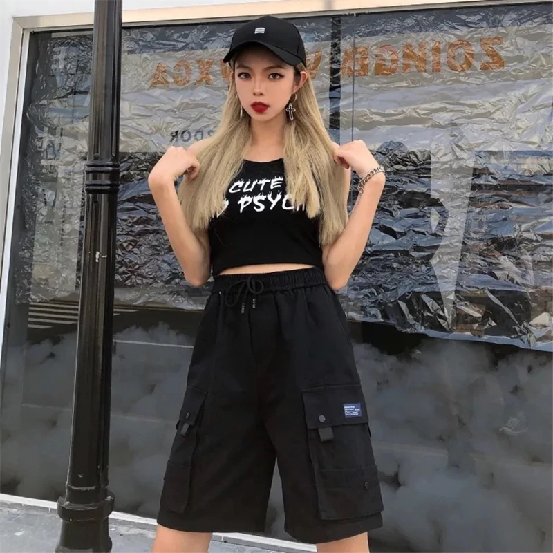 Summer Joggers Women Big Pocket Elastic High Waist Cargo Shorts Korean Harajuku Streetwear Baggy Straight Hip Hop Shorts Female