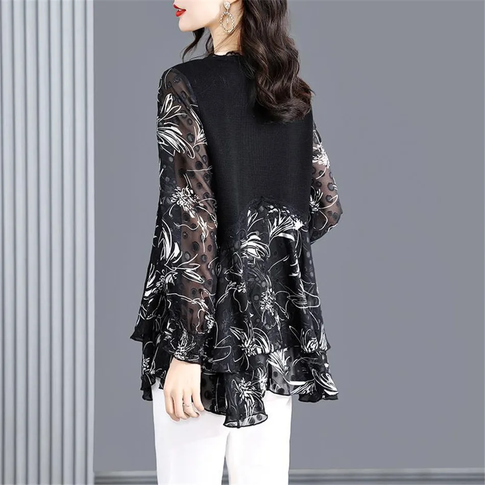 Spring Autumn Women Elegant Blouses Long Sleeve V-Neck Casual Ladies Fashion Temperament Splice Tops Blusas MM1456