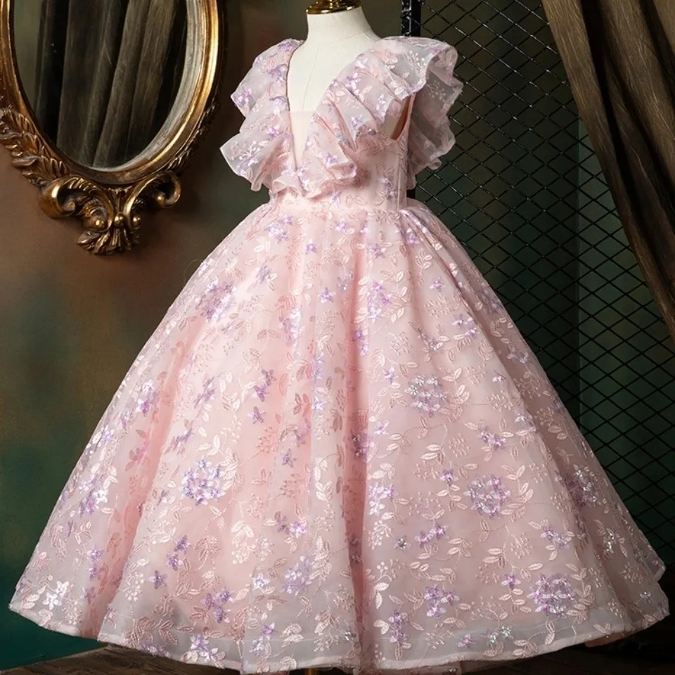 

Pink Tulle Girls Princess Formal Dresses Short Sleeve Kids Prom Party Pageant Gowns Flower Girl Dress Floor Length Wedding Dress