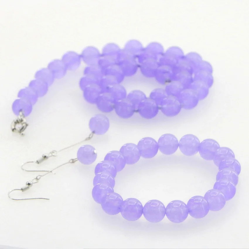 Hot New Fashion 10mm Natural Lavender Jades Chalcedony Round Beads Necklace Bracelet Earrings Hand Made Jewelry Sets AAA Grade