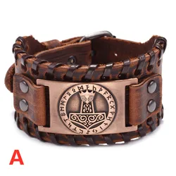 Retro Viking Rune Hammer Wide Leather Bracelet for Men Celtic Wolfhead Modish Jewelry On The Hand Western Style Accessories Gift