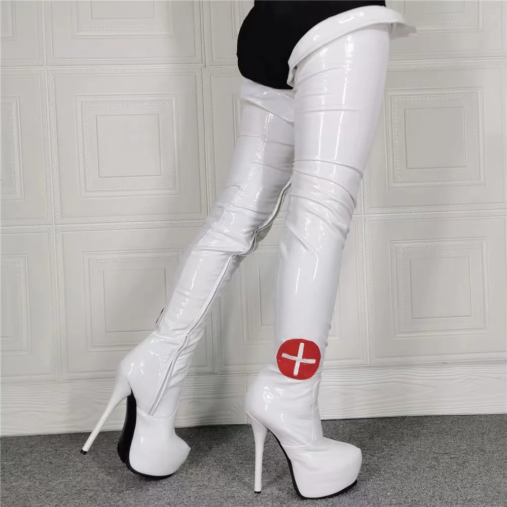 Turnover Edge Solid White New Round Big Toe Boots Fashion Platform Thin High Heel Over the Knee Boots Women Shoes Big Size 47