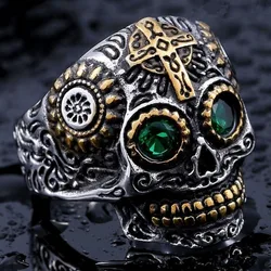 Gothic Green Zircon Eye Metal Mechanical Cross Skull Ring for Men Punk Rock Biker Jewelry Gift