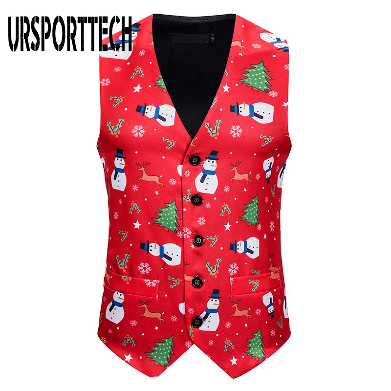 Christmas Vest Men Print 3D Christmas Tree Print Sleeveless Jacket Men Feliz Navidad Party Tuxedo Vests Jackets Chaleco Hombre