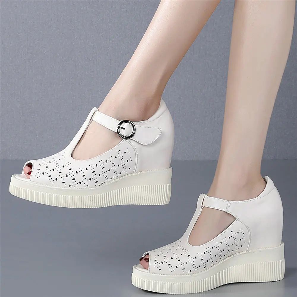 Zapatos de tacón con plataforma para mujer, cuñas de cuero genuino, sandalias de gladiador de tacón alto, zapatillas de deporte de moda con punta abierta para verano, zapatos informales