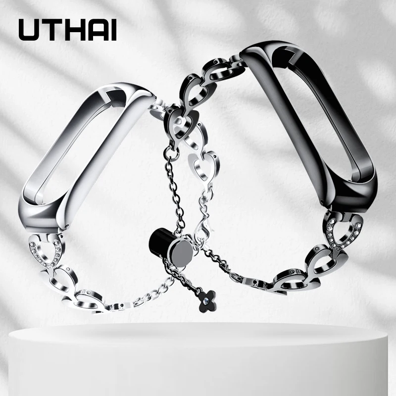 UTHAI Heart-shaped replacement bracelet For Xiaomi mi band 6 5 4 3 Adjustable Metal Wristband Sport Strap Watch Wrist strap S29