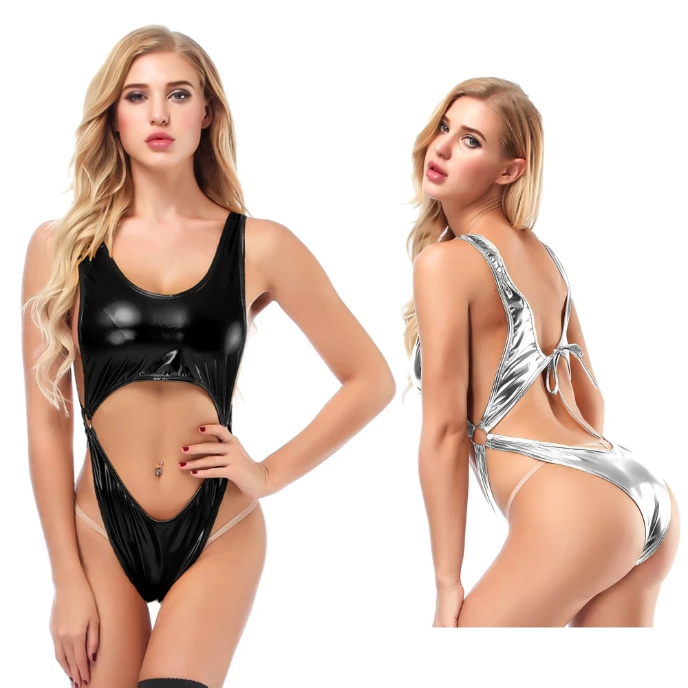 Body de charol de imitación para mujer, traje de baño ahuecado negro, Color caramelo, con apariencia de Wetlook, Sexy, Catsuit de Pole Dance, ropa de baño para discoteca