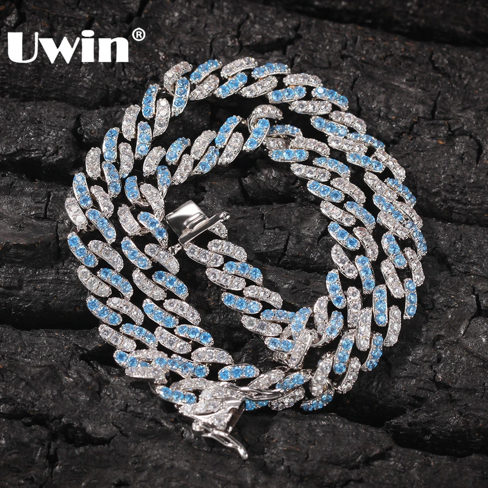 UWIN 8mm Iced Out Women Choker Necklace Silver Color Cuban Link With White & Baby Bule Cubic Zirconia Chain Hiphop Jewelry