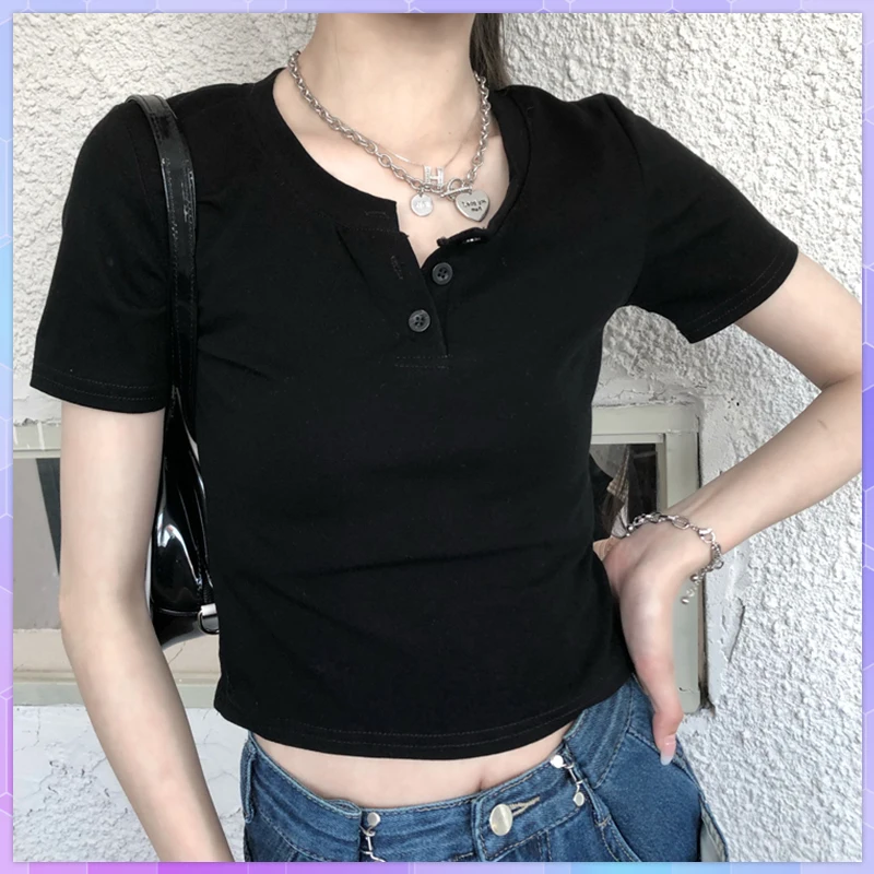 Vintage Women's Tee Shirt Casual Solid Crop Tops Short-Sleeve T-Shirts Ladies Clothing Summer Slim Short Tops Blusas Tees Female