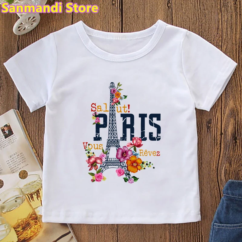 Kaus Gambar Menara Eiffel Paris Warna-warni untuk Anak Perempuan Kaus Bunga Baju Anak-anak Atasan Musim Panas Kaus Perempuan Femme