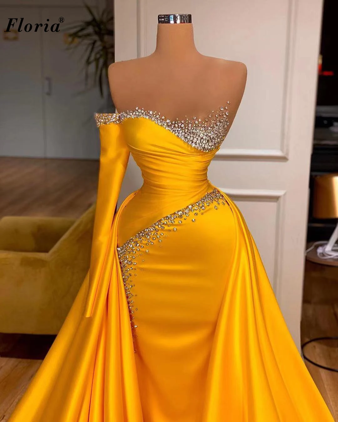 3 Designs Yellow Mermaid Evening Dresses Long Beads Evening Gowns For Women Turkish Couture Special Occasion Dresses платье